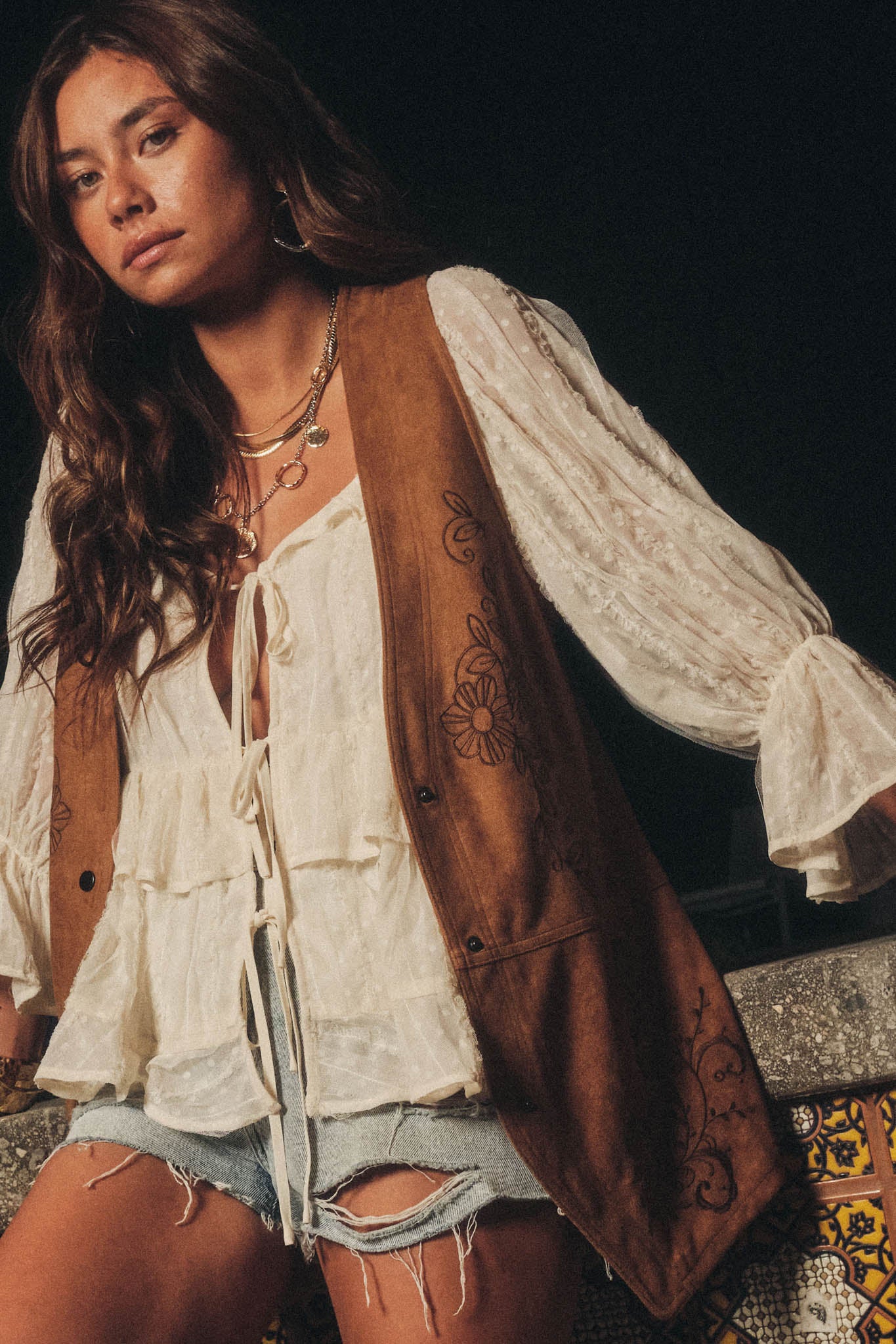Sweet Meadow Floral-Embroidered Vegan Suede Vest - ShopPromesa