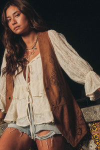 Sweet Meadow Floral-Embroidered Vegan Suede Vest - ShopPromesa
