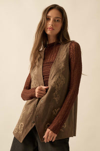 Sweet Meadow Floral-Embroidered Vegan Suede Vest - ShopPromesa