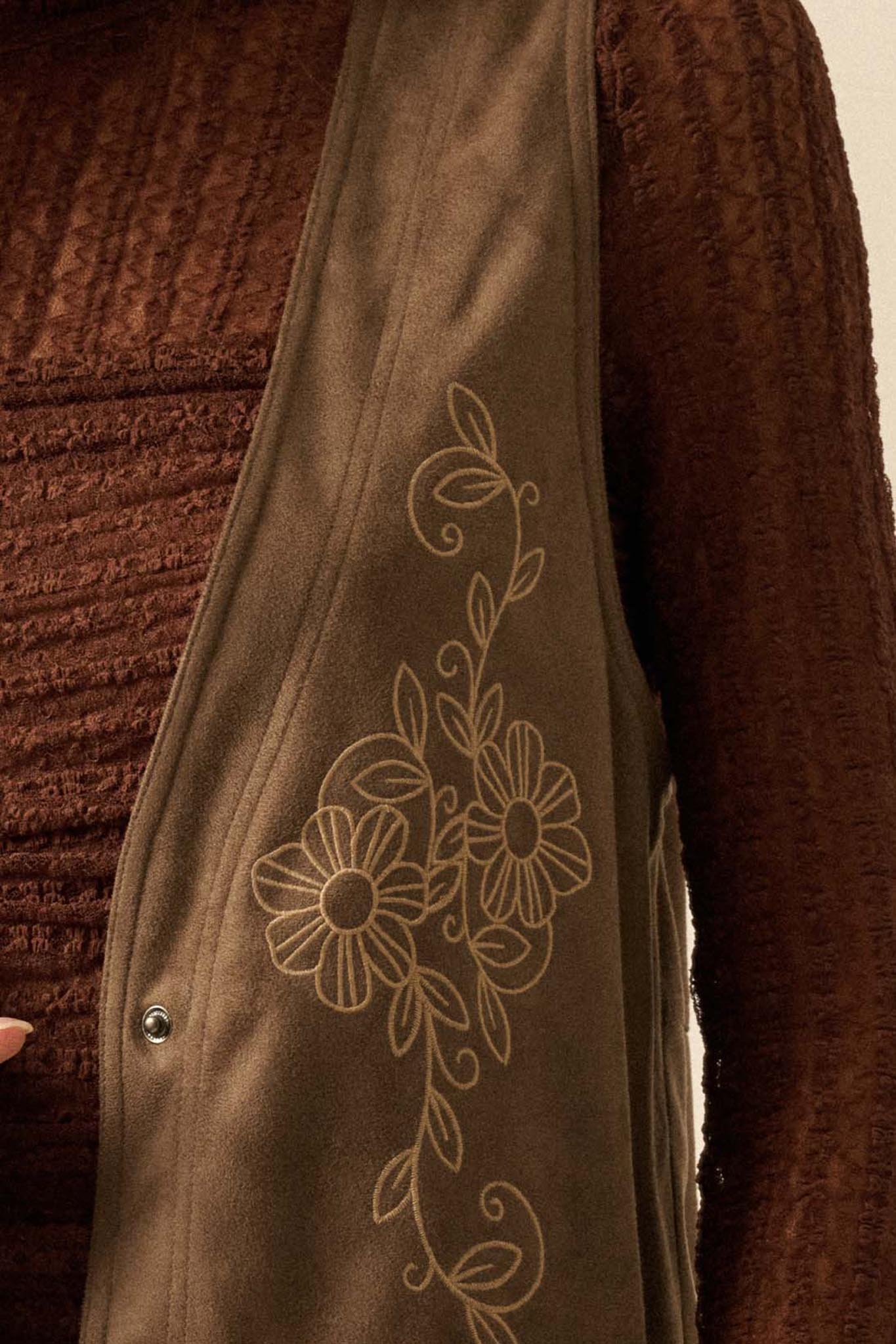 Sweet Meadow Floral-Embroidered Vegan Suede Vest - ShopPromesa