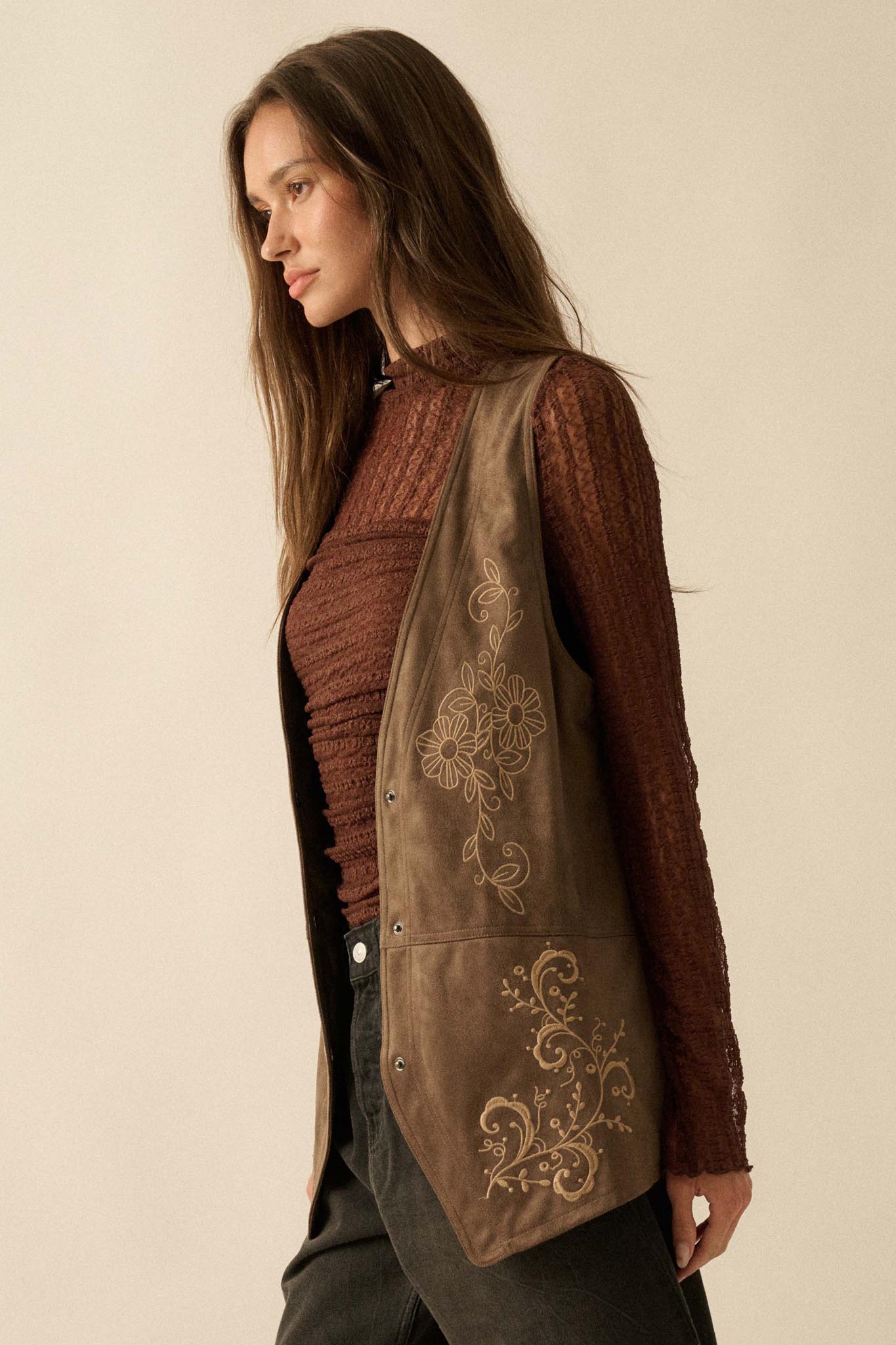 Sweet Meadow Floral-Embroidered Vegan Suede Vest - ShopPromesa