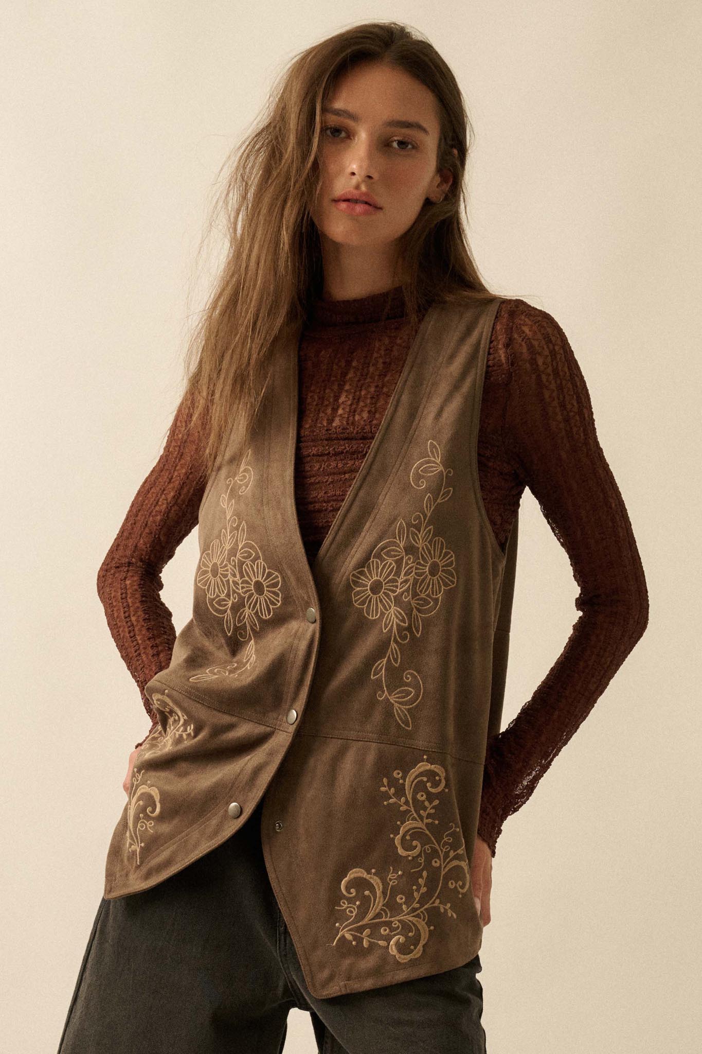 Sweet Meadow Floral-Embroidered Vegan Suede Vest - ShopPromesa