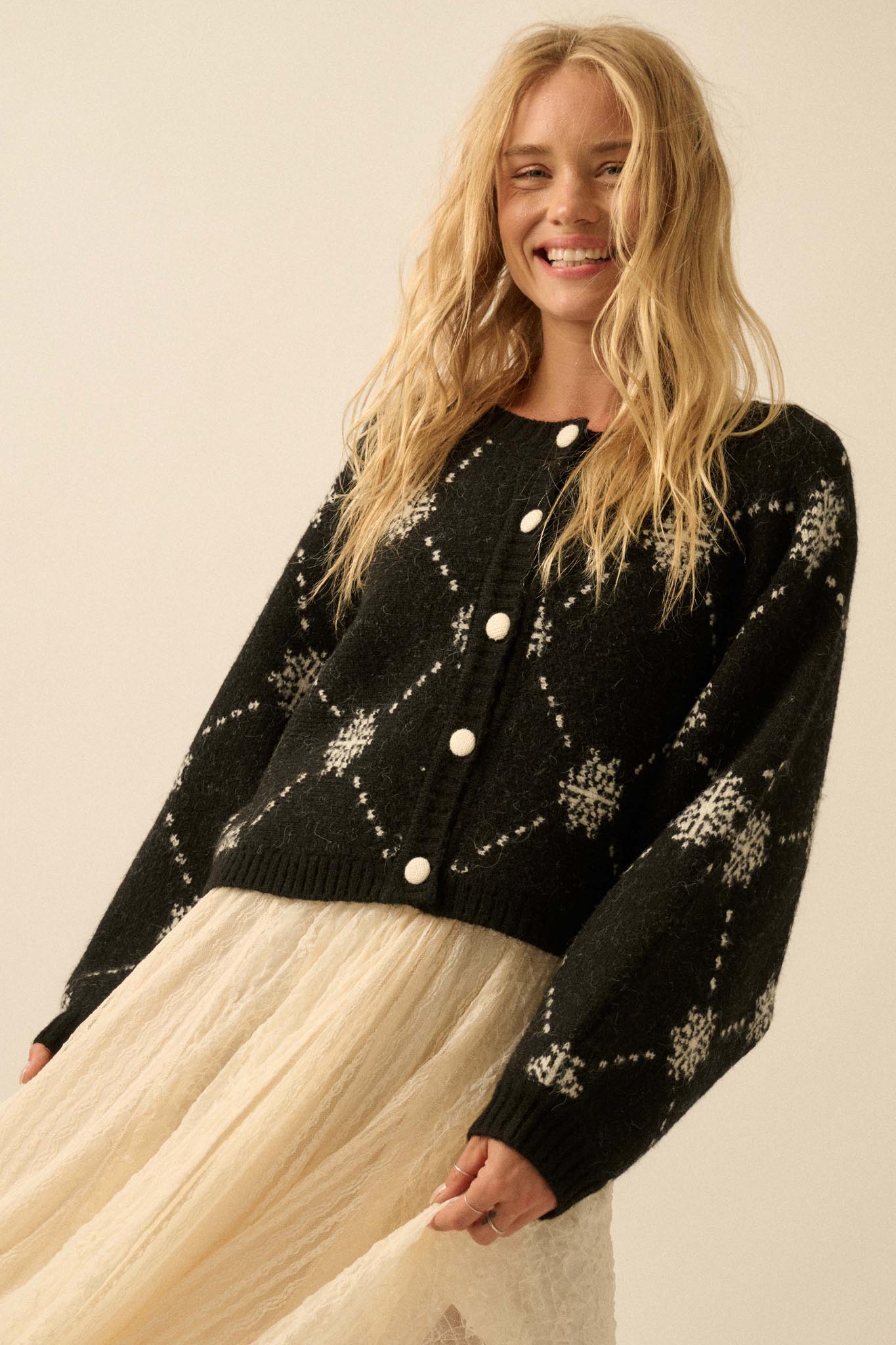 Soft as Snow Button-Front Snowflake Cardigan - ShopPromesa