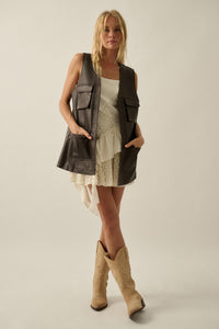 All Day Long Vegan Leather Open-Front Cargo Vest - ShopPromesa