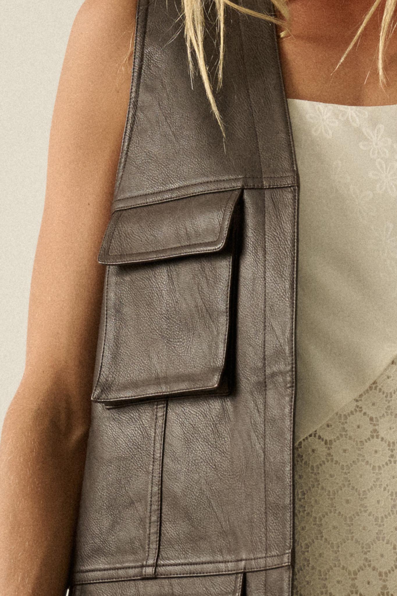 All Day Long Vegan Leather Open-Front Cargo Vest - ShopPromesa