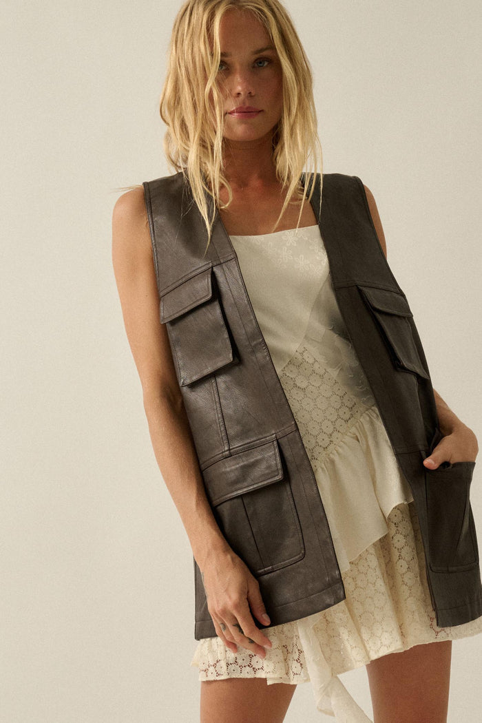 All Day Long Vegan Leather Open-Front Cargo Vest - ShopPromesa