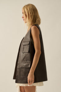 All Day Long Vegan Leather Open-Front Cargo Vest - ShopPromesa