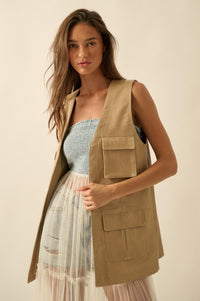 All Day Long Vegan Leather Open-Front Cargo Vest - ShopPromesa