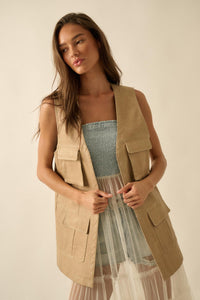 All Day Long Vegan Leather Open-Front Cargo Vest - ShopPromesa