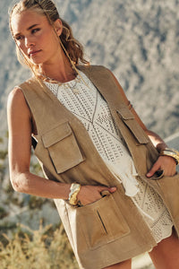 All Day Long Vegan Leather Open-Front Cargo Vest - ShopPromesa