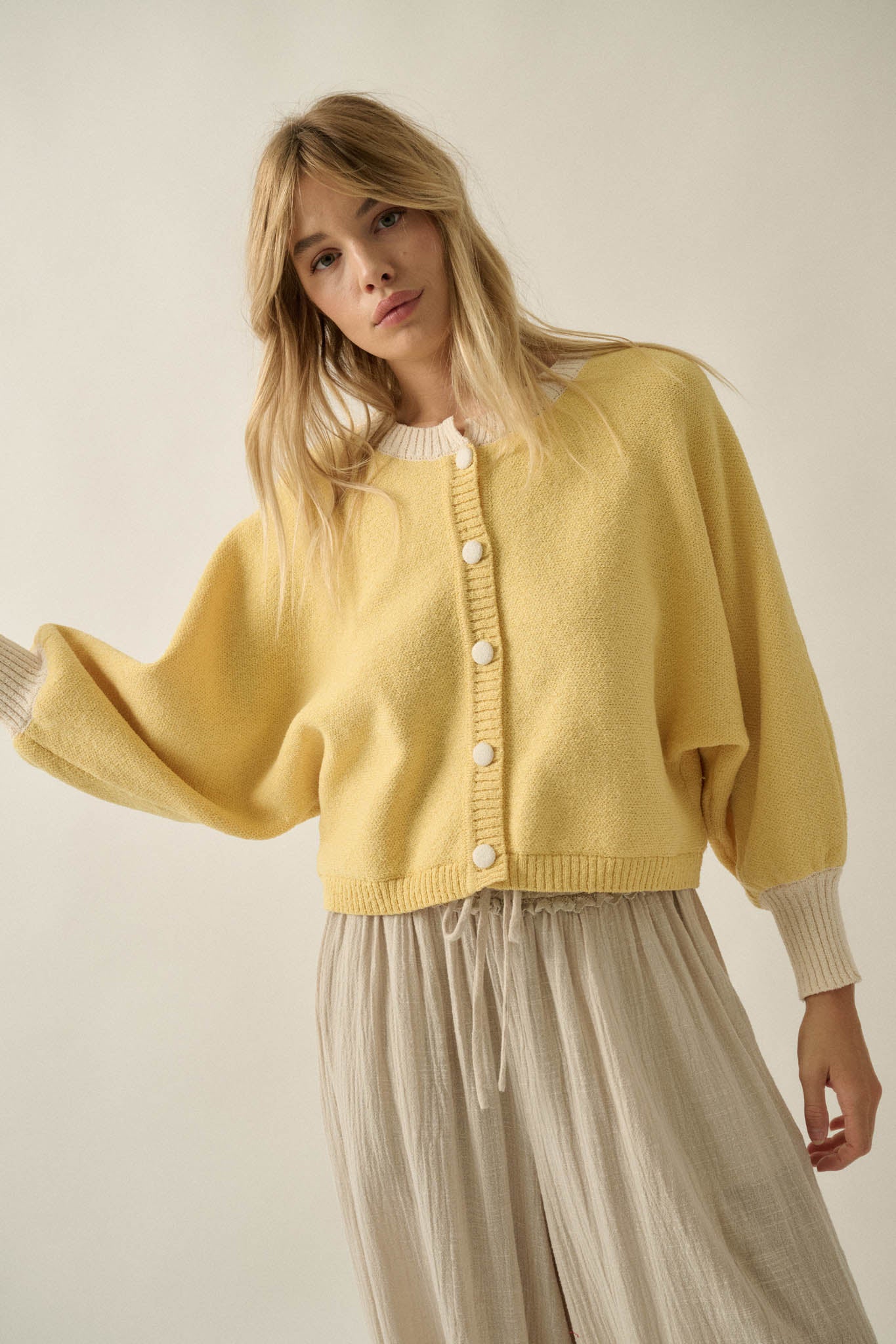 Ready or Not Contrast Knit Bubble-Sleeve Cardigan - ShopPromesa