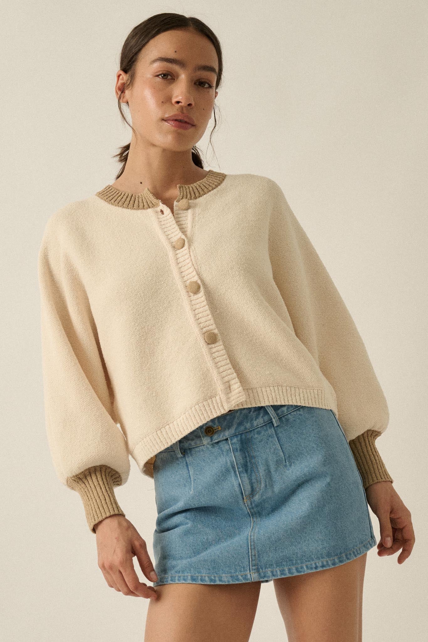 Ready or Not Contrast Knit Bubble-Sleeve Cardigan - ShopPromesa