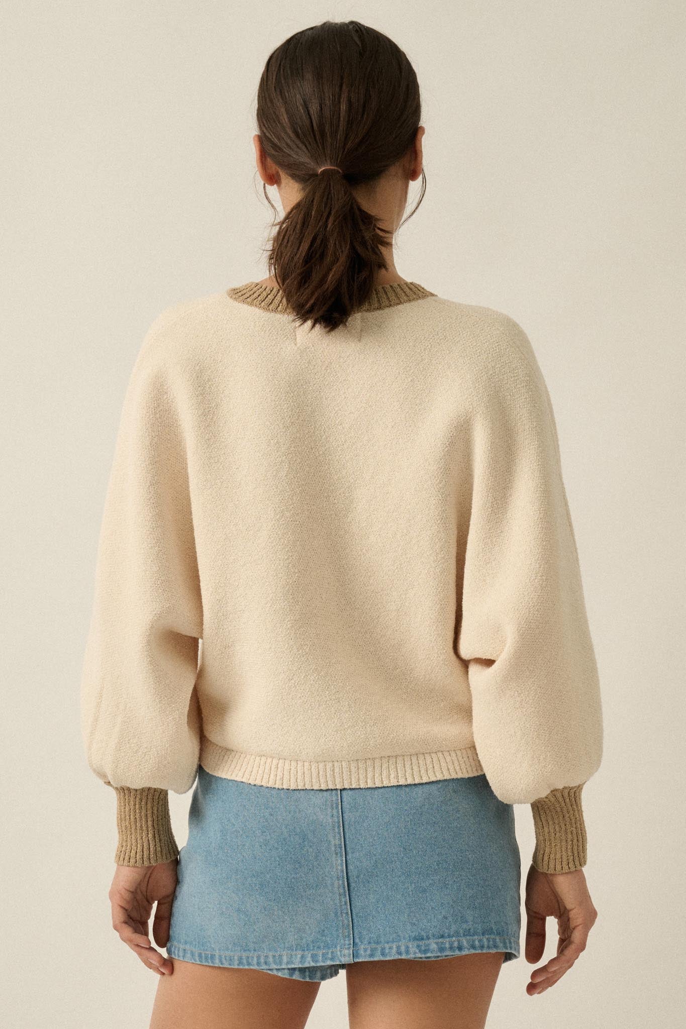 Ready or Not Contrast Knit Bubble-Sleeve Cardigan - ShopPromesa