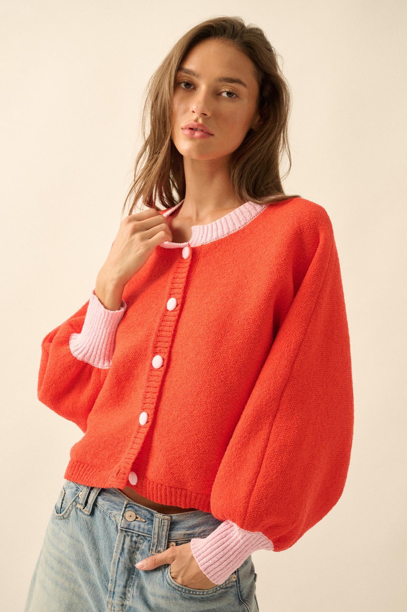 Ready or Not Contrast Knit Bubble-Sleeve Cardigan - ShopPromesa