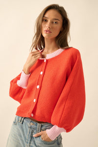 Ready or Not Contrast Knit Bubble-Sleeve Cardigan - ShopPromesa