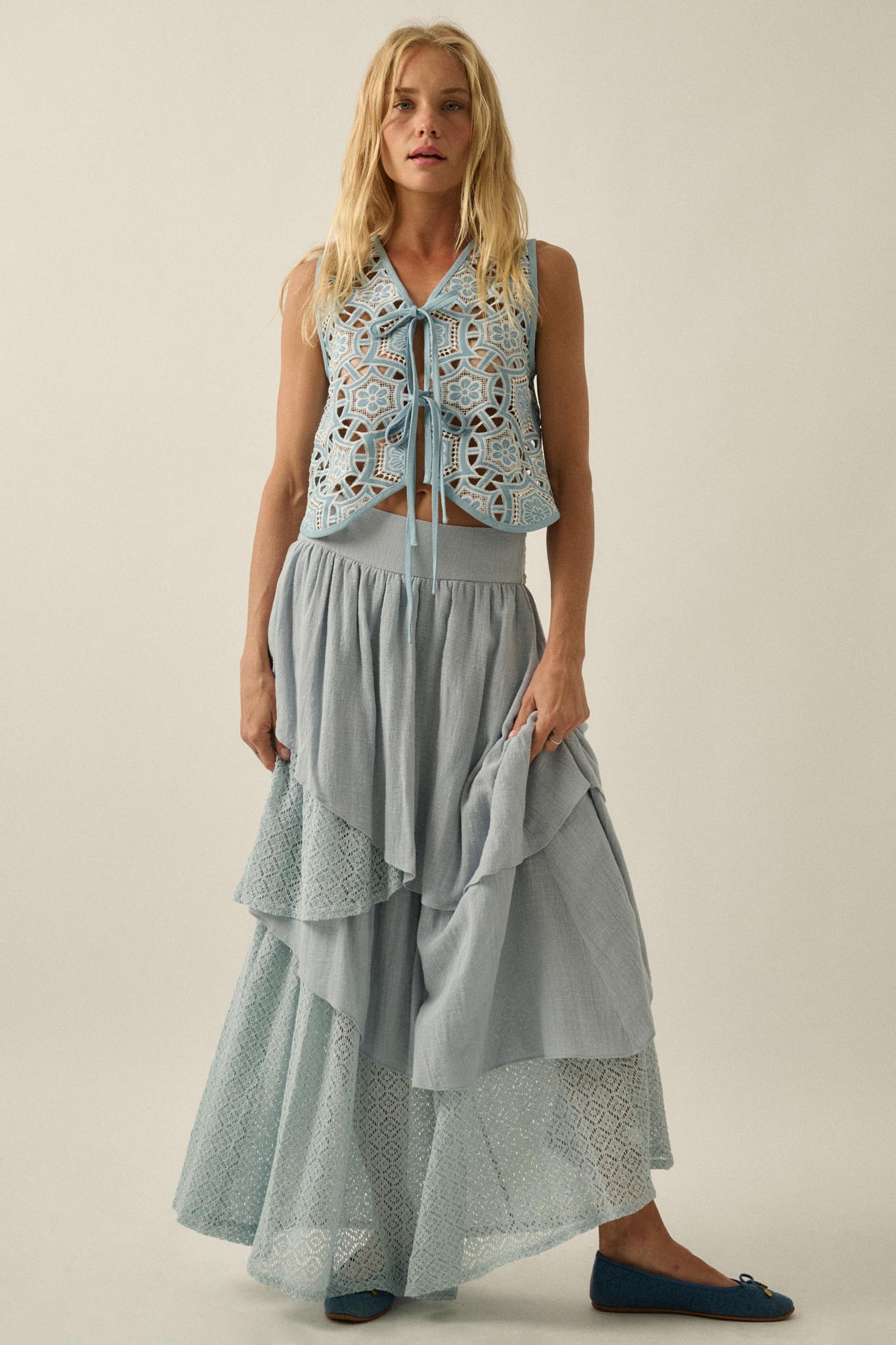 Blue Breeze Cutout Embroidered Denim Vest - ShopPromesa