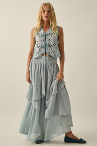 Blue Breeze Cutout Embroidered Denim Vest - ShopPromesa