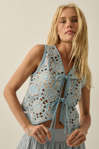 Blue Breeze Cutout Embroidered Denim Vest - ShopPromesa