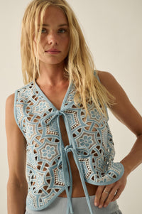 Blue Breeze Cutout Embroidered Denim Vest - ShopPromesa