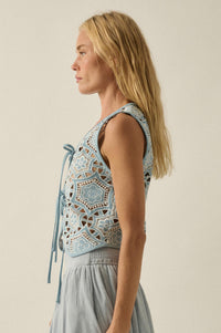 Blue Breeze Cutout Embroidered Denim Vest - ShopPromesa