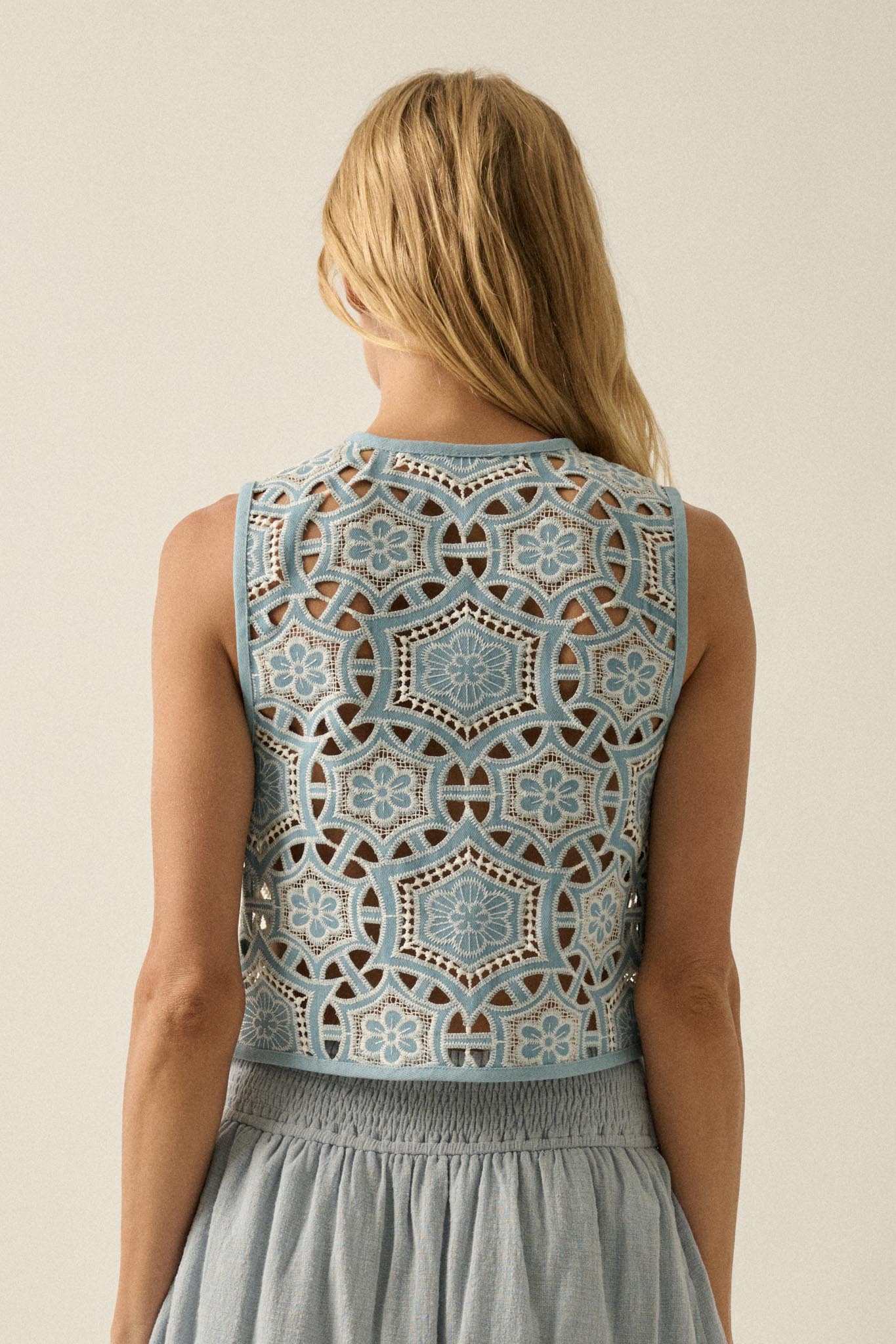 Blue Breeze Cutout Embroidered Denim Vest - ShopPromesa