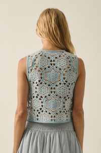 Blue Breeze Cutout Embroidered Denim Vest - ShopPromesa