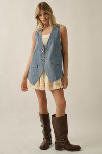 Denim Petals Floral-Print Denim Snap-Front Vest - ShopPromesa