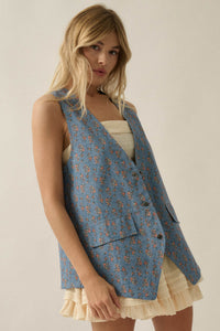Denim Petals Floral-Print Denim Snap-Front Vest - ShopPromesa