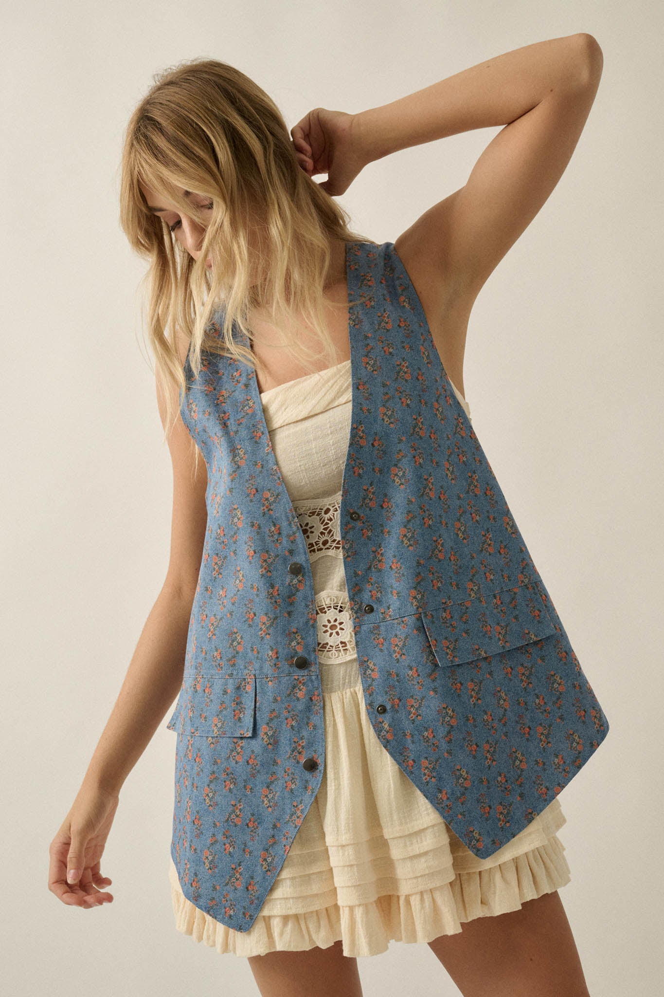 Denim Petals Floral-Print Denim Snap-Front Vest - ShopPromesa