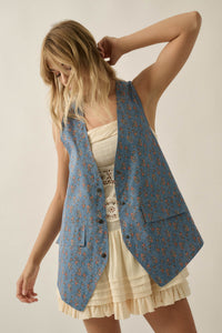 Denim Petals Floral-Print Denim Snap-Front Vest - ShopPromesa