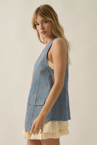Denim Petals Floral-Print Denim Snap-Front Vest - ShopPromesa