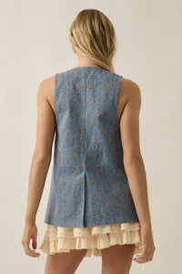 Denim Petals Floral-Print Denim Snap-Front Vest - ShopPromesa