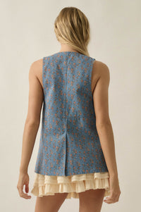 Denim Petals Floral-Print Denim Snap-Front Vest - ShopPromesa