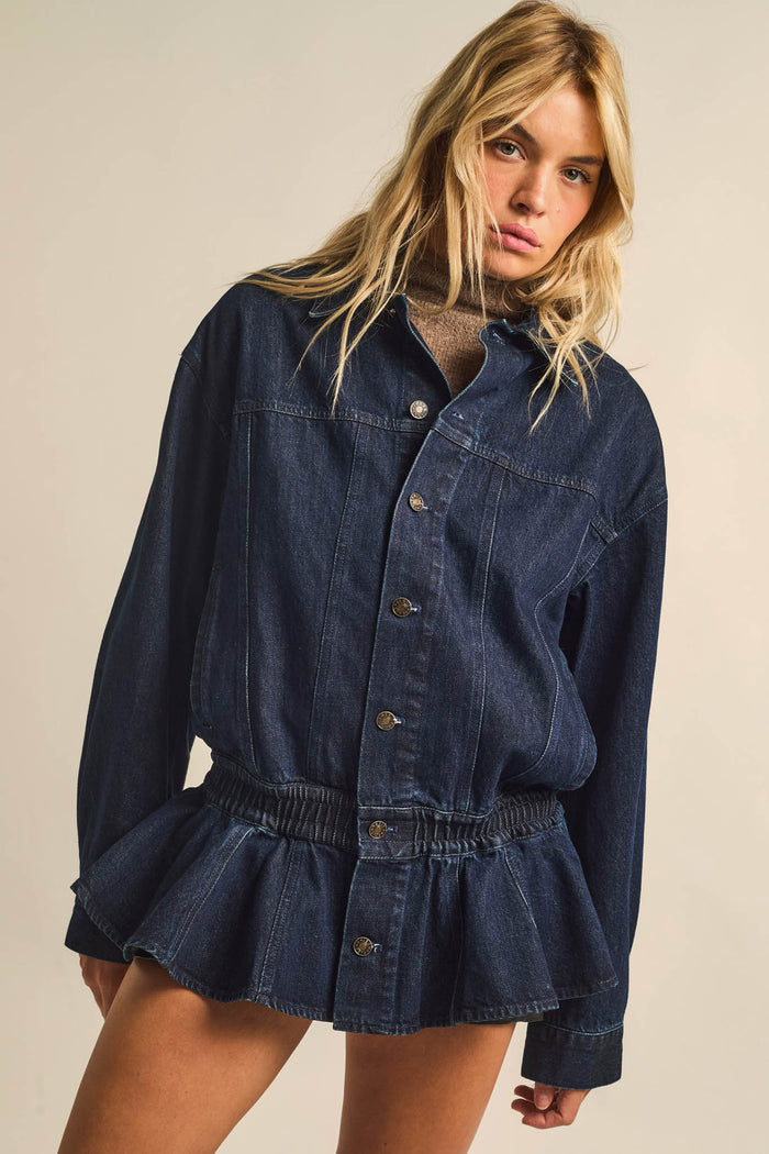 Shades of Blue Ruffle Peplum Pocket Denim Jacket - ShopPromesa