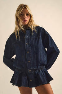 Shades of Blue Ruffle Peplum Pocket Denim Jacket - ShopPromesa
