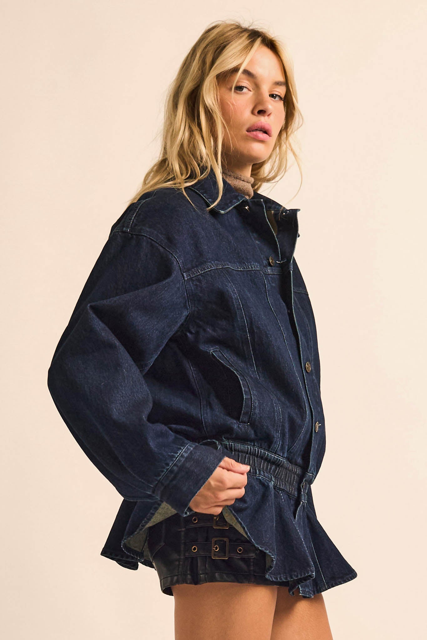 Shades of Blue Ruffle Peplum Pocket Denim Jacket - ShopPromesa