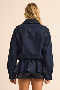 Shades of Blue Ruffle Peplum Pocket Denim Jacket - ShopPromesa