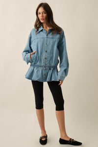 Shades of Blue Ruffle Peplum Pocket Denim Jacket - ShopPromesa