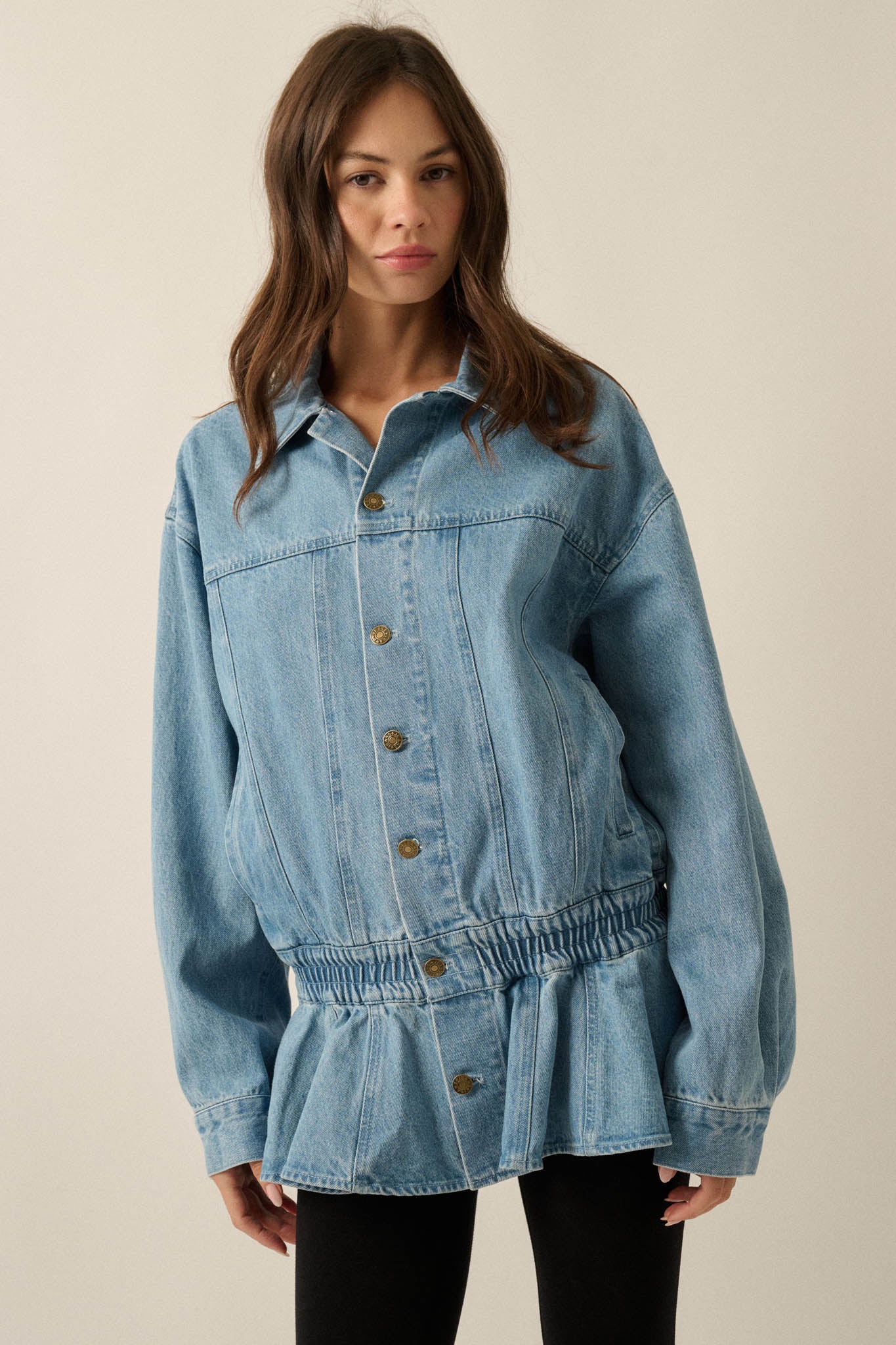 Shades of Blue Ruffle Peplum Pocket Denim Jacket - ShopPromesa