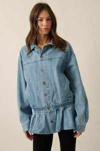Shades of Blue Ruffle Peplum Pocket Denim Jacket - ShopPromesa