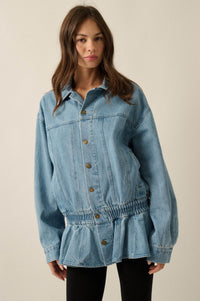 Shades of Blue Ruffle Peplum Pocket Denim Jacket - ShopPromesa