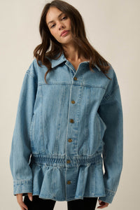Shades of Blue Ruffle Peplum Pocket Denim Jacket - ShopPromesa