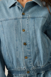 Shades of Blue Ruffle Peplum Pocket Denim Jacket - ShopPromesa