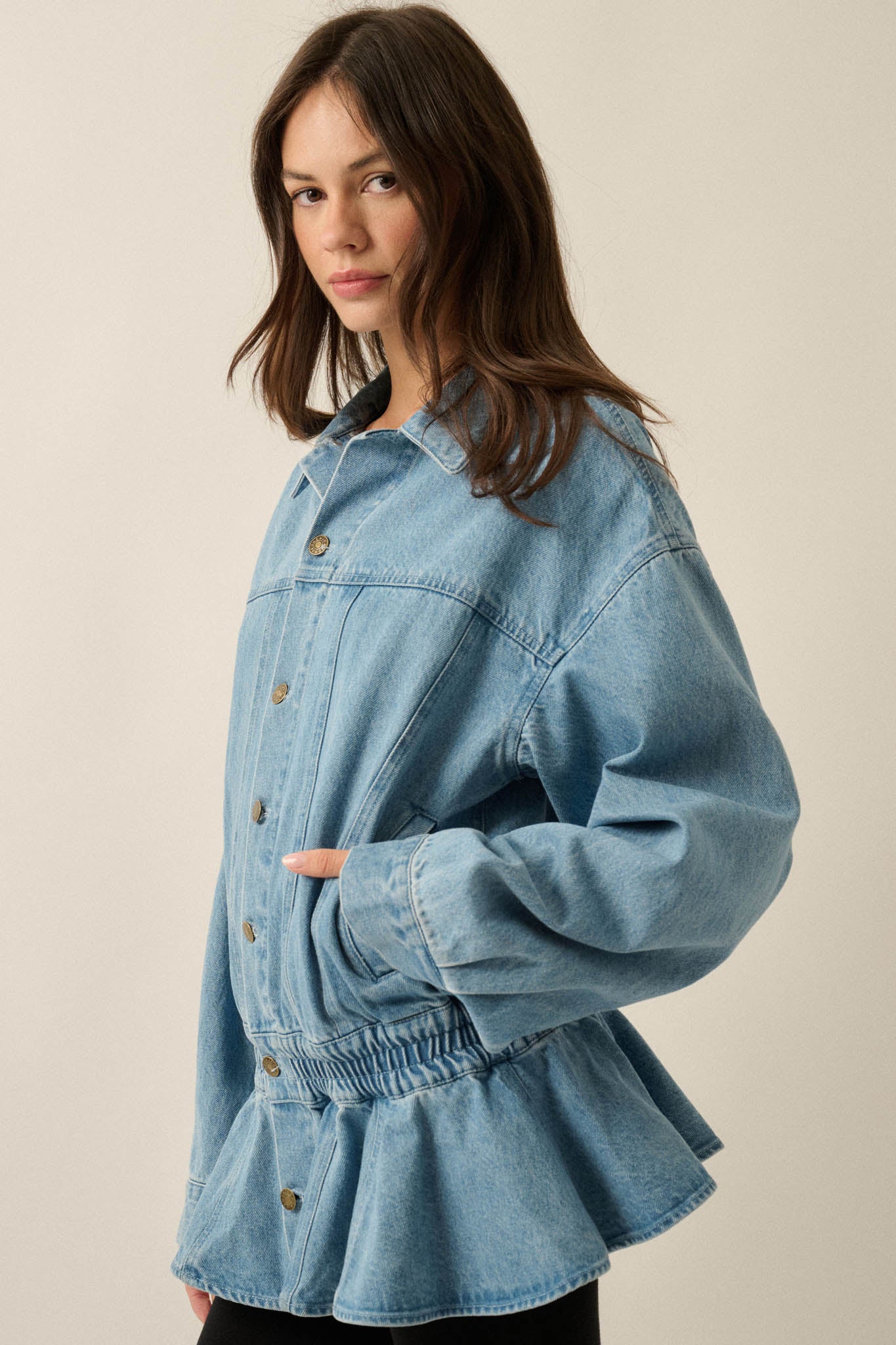 Shades of Blue Ruffle Peplum Pocket Denim Jacket - ShopPromesa