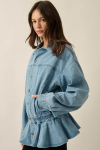 Shades of Blue Ruffle Peplum Pocket Denim Jacket - ShopPromesa