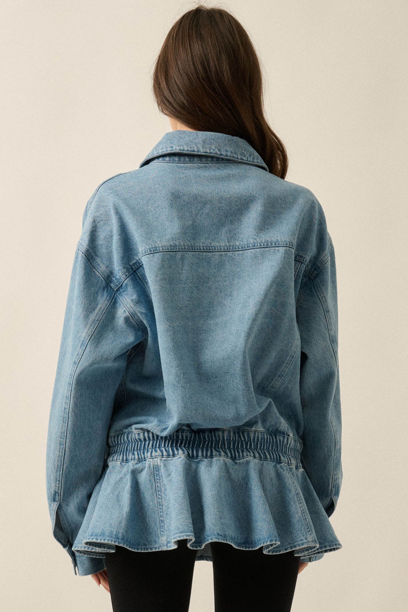 Shades of Blue Ruffle Peplum Pocket Denim Jacket - ShopPromesa