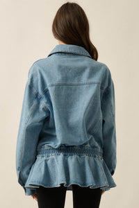 Shades of Blue Ruffle Peplum Pocket Denim Jacket - ShopPromesa