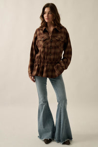 Orchard Trail Plaid Flannel Button-Up Peplum Shacket - ShopPromesa