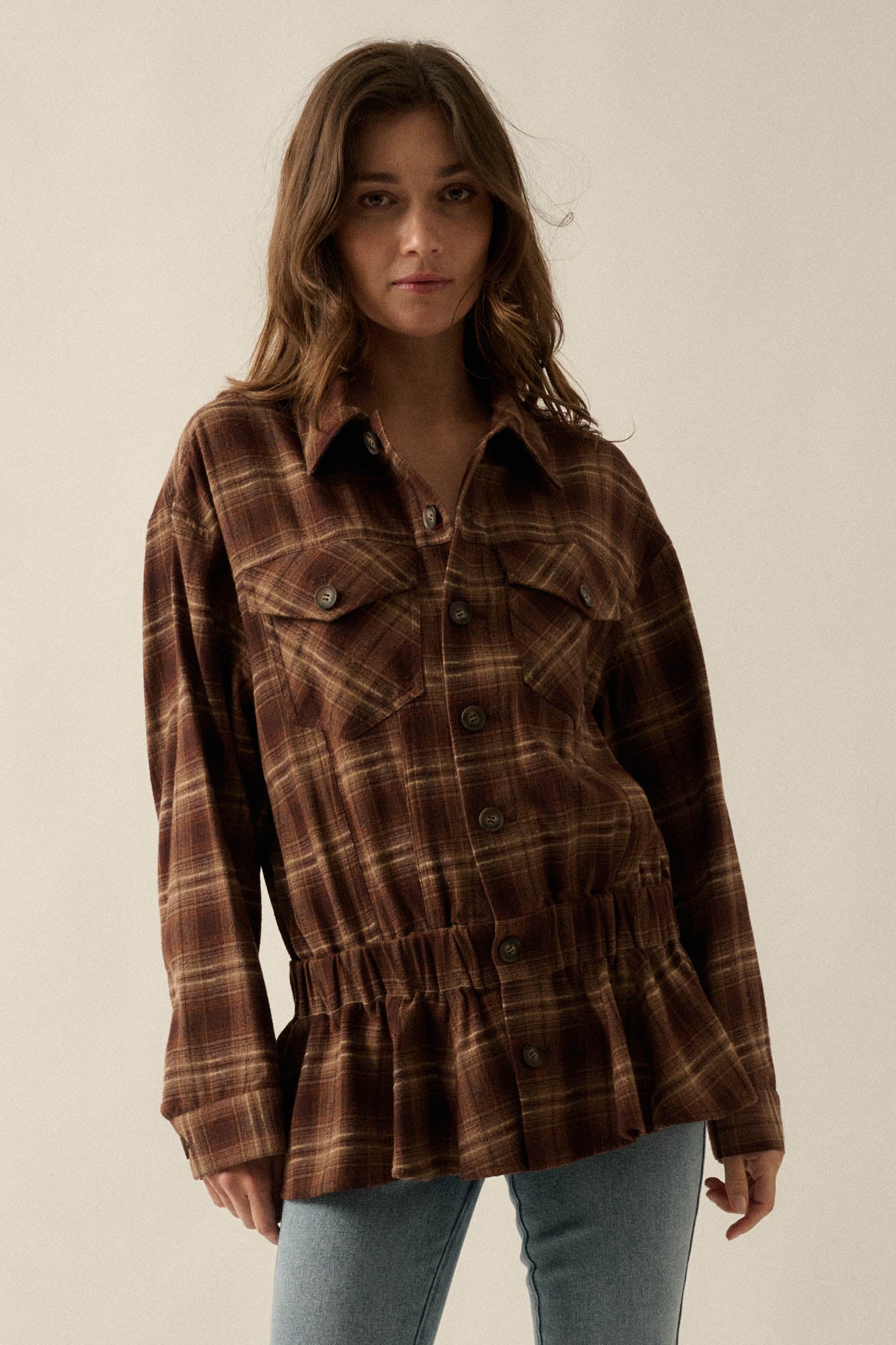 Orchard Trail Plaid Flannel Button-Up Peplum Shacket - ShopPromesa