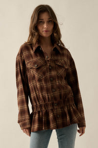 Orchard Trail Plaid Flannel Button-Up Peplum Shacket - ShopPromesa